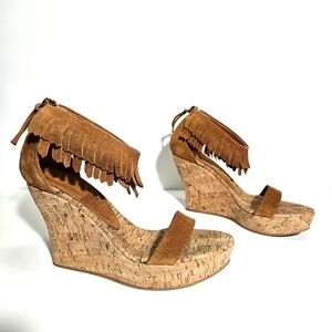 Philosophy Alberta di Ferretti Gold Suede Fringe Ankle Strap Wedge Sandals